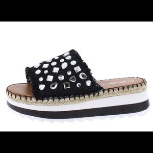 Nature Breeze Shoes - Black Frayed Denim Rhinestone Mule Sandal Nature Breeze Shoes - Black Frayed Denim Rhinestone Mule Sandal